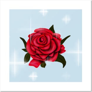 Enchanted Rose - Rose with Leaves and Sparkles Posters and Art